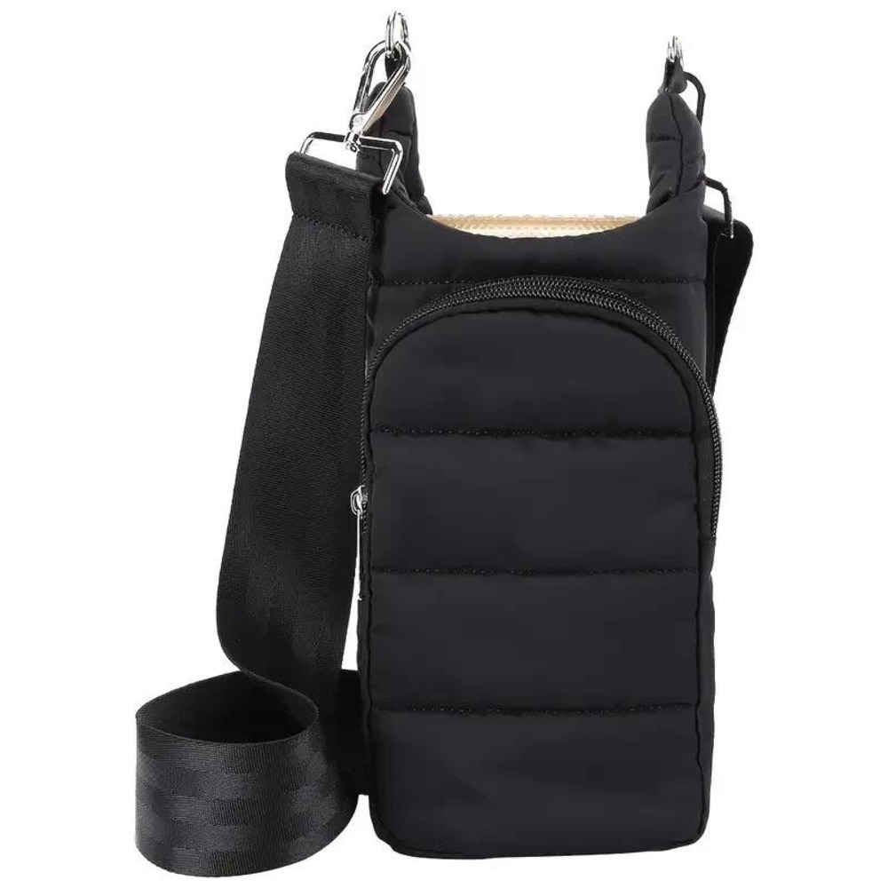 Quilted Puffer Crossbody Bag Black Adjustable Strap Nylon Water Bottle Phone